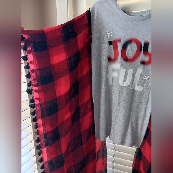 Upcycled Joyful Gray and Red Plaid Tshirt/Poncho - Picture 3 of 5
